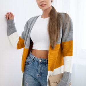 Sweter Kardigan w pasy szary+musztardowy