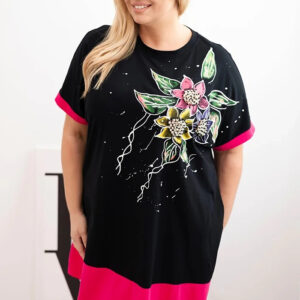 Bluzka damska Plus Size z kwiatowym wzorem i ozdobnymi perełkami