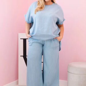 Komplet damski Plus Size z tencelu bluzka i spodnie z wiązaniem jasno jeansowy