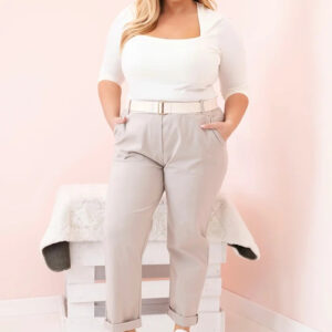 Spodnie damskie bawełniane Plus Size z paskiem ciemno beżowe