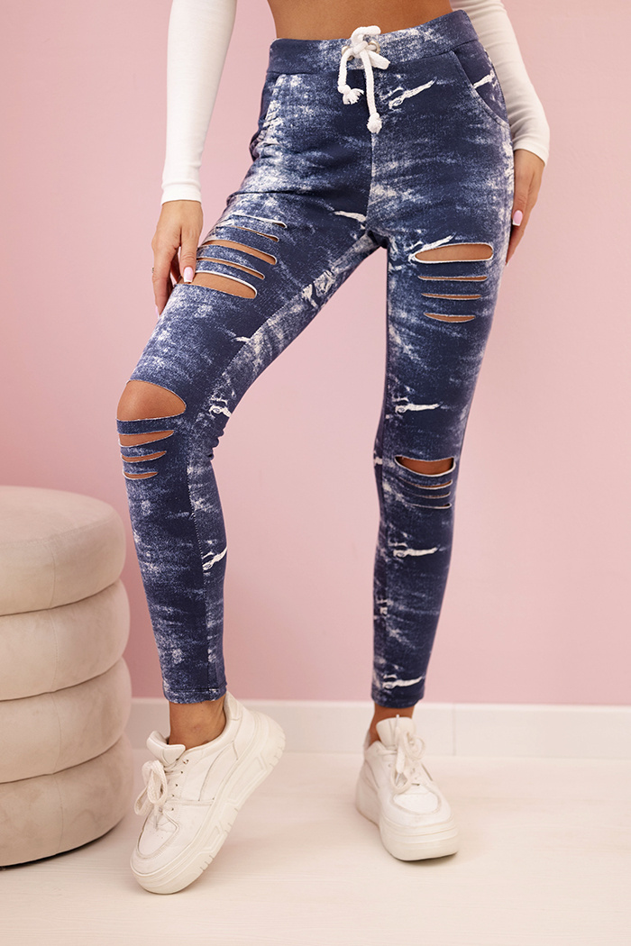 Legginsy damskie bawełniane z przetarciami jeansowe - obrazek 3