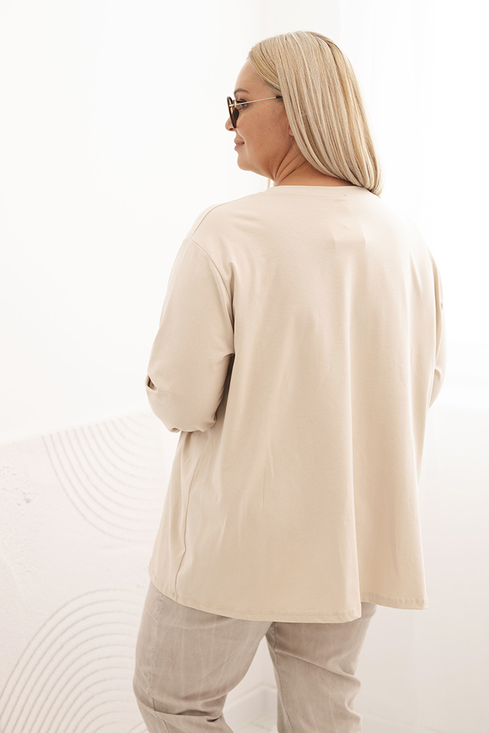 Bluzka damska plus size z bawełną z długim rękawem i marszczeniem beżowa - obrazek 3