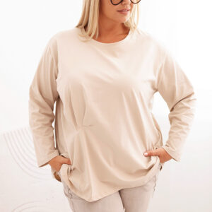 Bluzka damska plus size z bawełną z długim rękawem i marszczeniem beżowa