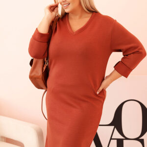 Sukienka damska Plus Size masełkowa z dekoltem V i rękawem ruda