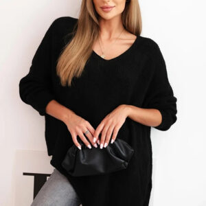 Sweter damski wełniany asymetryczny Plus Size z dekoltem V