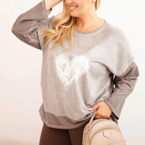 Bluza damska Plus Size bawełniana z nadrukiem serca i troczkami brązowa