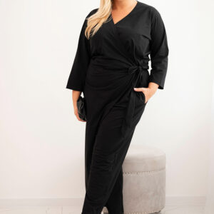Kombinezon damski bawełniany Plus Size z wiązaniem w pasie i rękawem 3/4