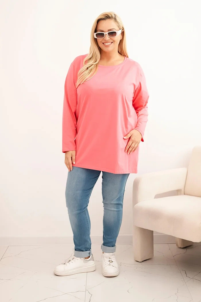 Bluzka damska Plus Size bawełniana z okrągłym dekoltem różowa - obrazek 2