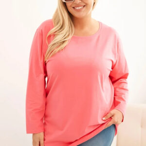 Bluzka damska Plus Size bawełniana z okrągłym dekoltem różowa