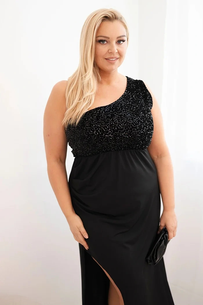 Sukienka damska Plus Size wieczorowa na jedno ramię czarna - obrazek 2