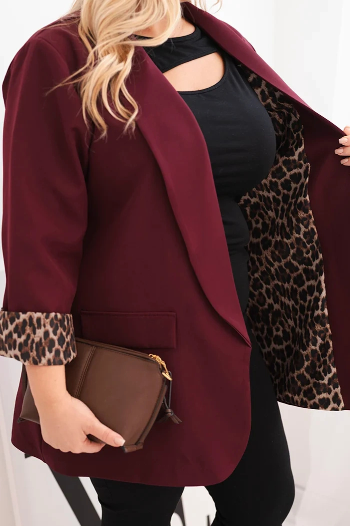 Marynarka damska Plus Size z podszewką w panterkę śliwkowa - obrazek 4