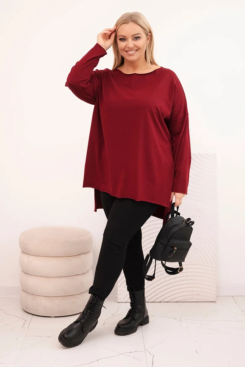 Bluzka damska Plus Size asymetryczna z długim rękawem bordowa - obrazek 2