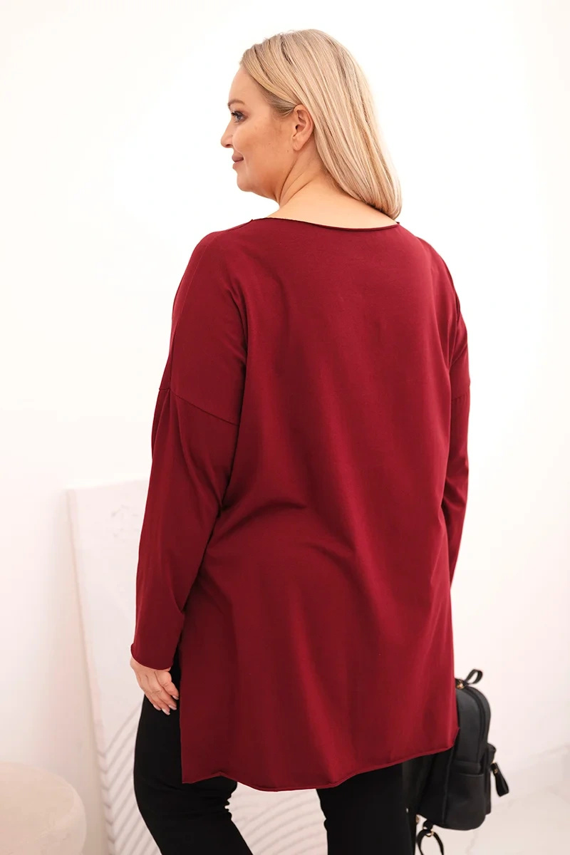 Bluzka damska Plus Size asymetryczna z długim rękawem bordowa - obrazek 3