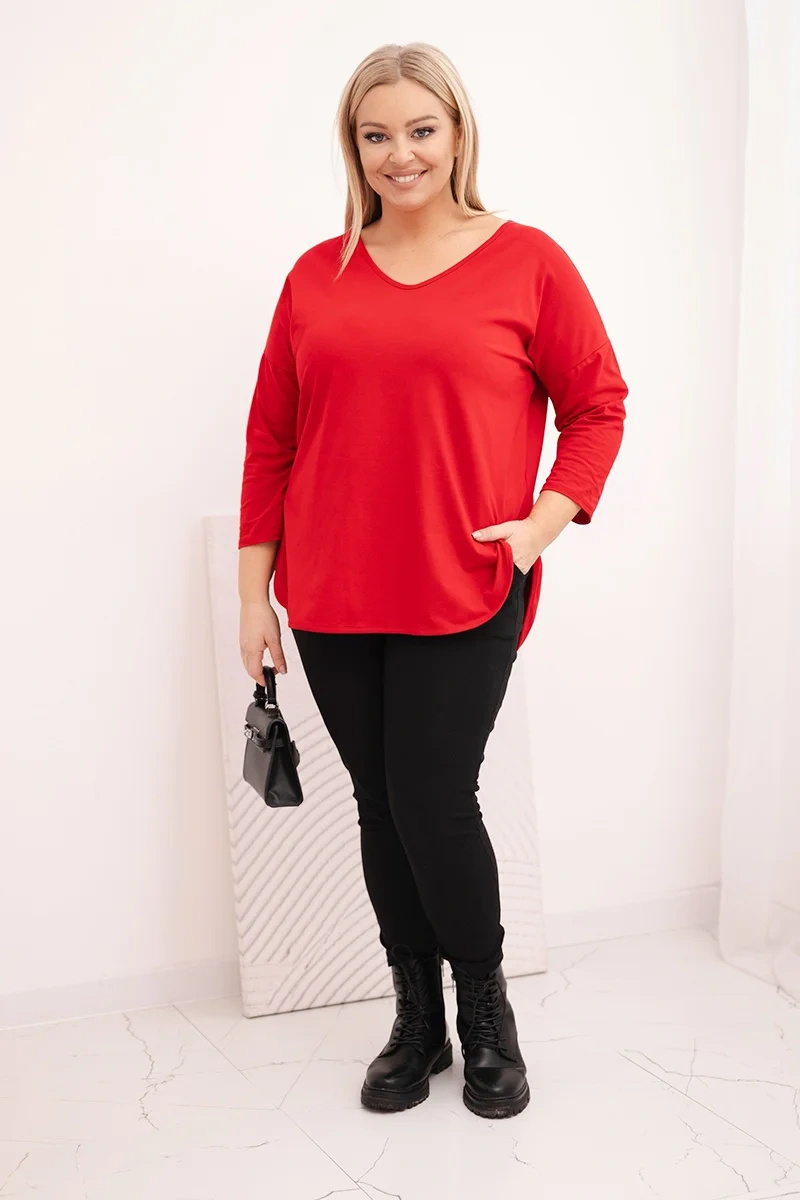 Bluzka damska bawełniana Plus Size z dekoltem V i podwijanym rękawem czerwona - obrazek 2