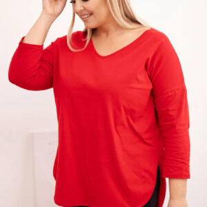 Bluzka damska bawełniana Plus Size z dekoltem V i podwijanym rękawem czerwona