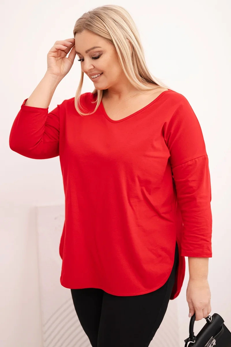 Bluzka damska bawełniana Plus Size z dekoltem V i podwijanym rękawem czerwona