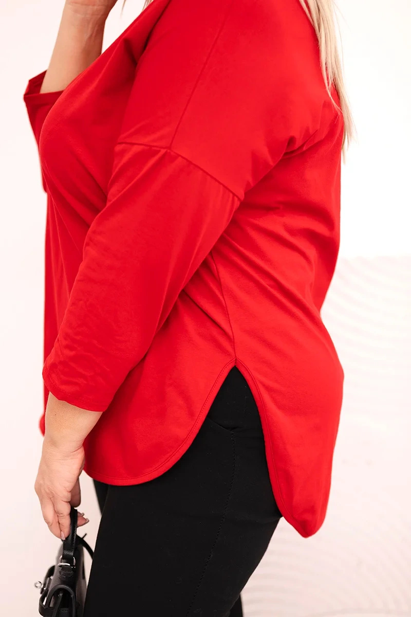 Bluzka damska bawełniana Plus Size z dekoltem V i podwijanym rękawem czerwona - obrazek 4