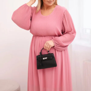 Sukienka plisowana damska Plus Size z wiskozy i z długim rękawem ciemno różowa