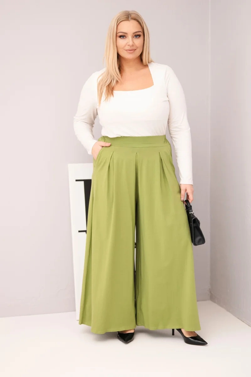 Spodnie damskie bawełniane Plus Size o szerokiej nogawce i luźnym kroju pistacjowe - obrazek 2