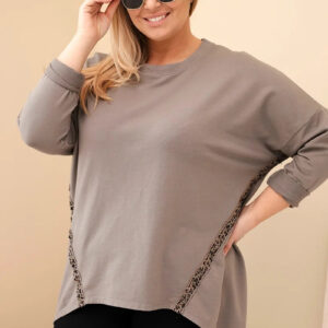 Bluzka damska Plus Size bawełniana z podwijanym rękawem i lampasem w panterkę