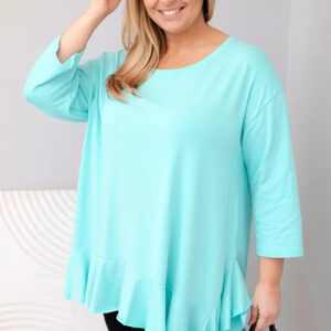 Bluzka damska Plus Size z bawełną z falbaną i rękawem podwijanym miętowa