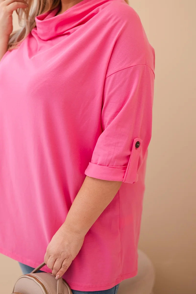 Bluzka damska Plus Size z bawełną o luźnym kroju z dekoltem wodnym jasno różowa - obrazek 4