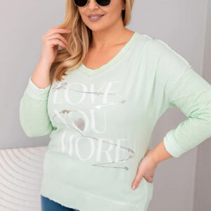 Bluzka damska Plus Size przecierana z napisem Love You More miętowa