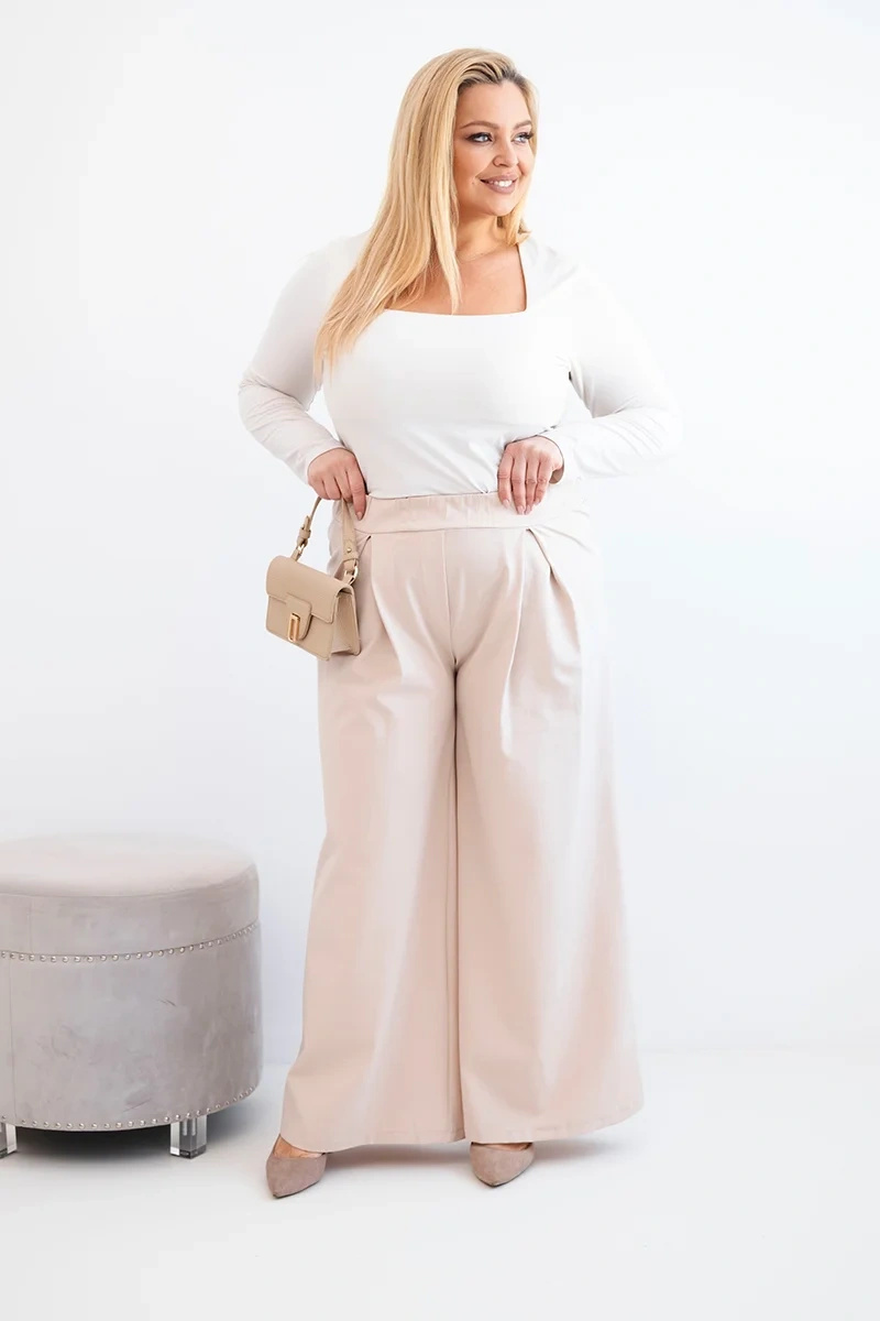 Spodnie damskie Plus Size z szerokimi nogawkami i plisowaniem beżowa - obrazek 2
