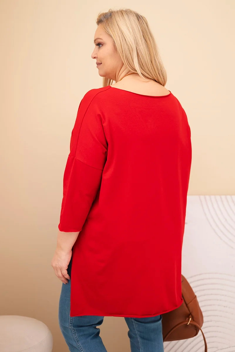 Bluzka damska bawełniana Plus Size asymetryczna z naszyjnikiem czerwona - obrazek 4