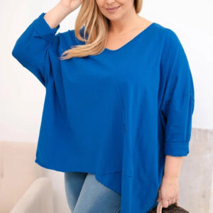 Bluzka damska bawełniana Plus Size z asymetrycznym dołem i dekoltem V chabrowa