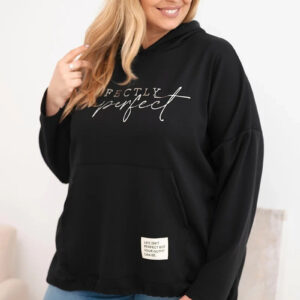 Bluza damska Plus Size masełko z kapturem i nadrukiem czarna