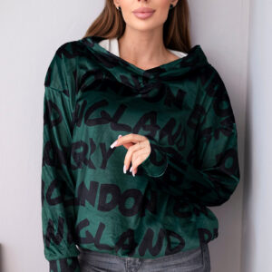 Bluza damska oversize z kapturem i nadrukiem ciemno zielona