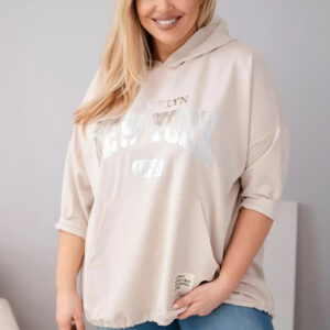 Bluza damska Plus Size masełko z kapturem i kieszenią kangurką beżowa