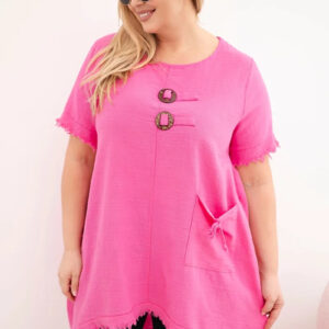 Sukienka damska bawełniana Plus Size z dłuższym tyłem i kieszenią różowa