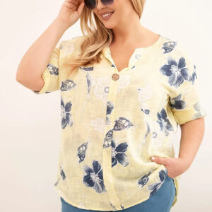 Bluzka damska bawełniana Plus Size w kwiatowy wzór żółta
