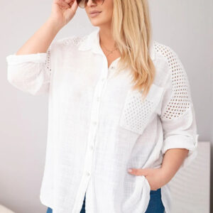 Koszula damska bawełniana Plus Size z kołnierzykiem i koronkową wstawką biała