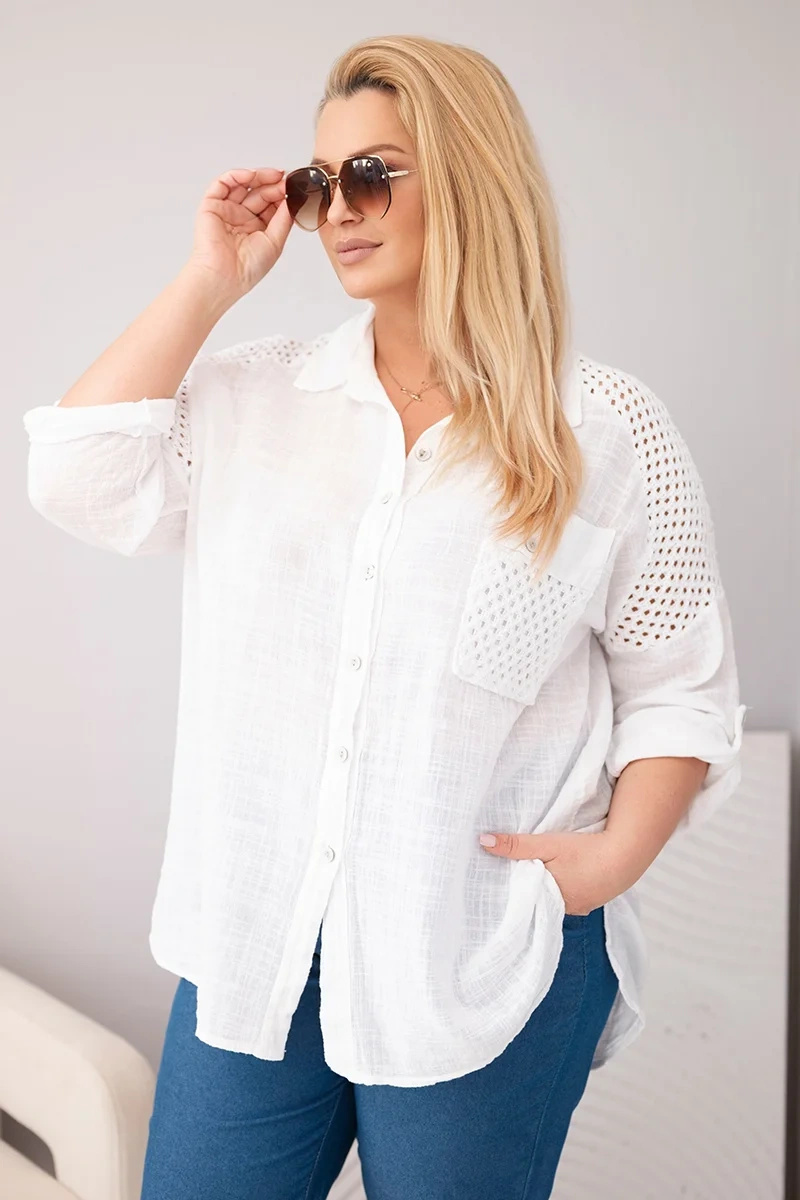 Koszula damska bawełniana Plus Size z kołnierzykiem i koronkową wstawką biała
