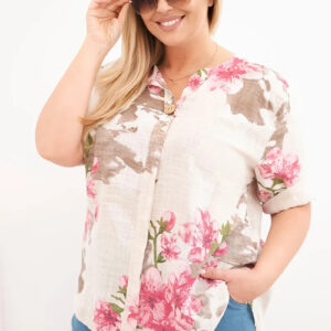 Bluzka damska bawełniana Plus Size z dekoltem V w kwiatowy wzór beżowa
