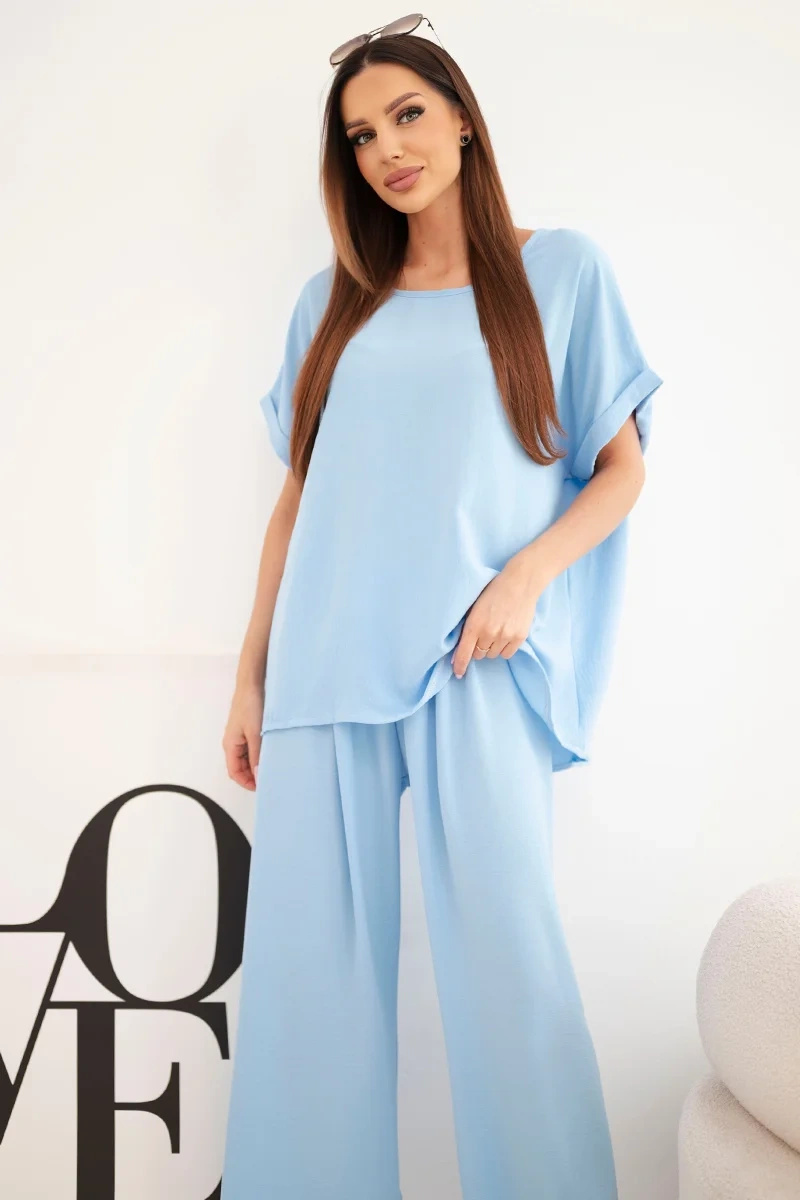Komplet damski Plus Size bluzka i spodnie z szeroką nogawką
