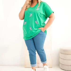Bluzka damska bawełniana Plus Size z piórkami zielona