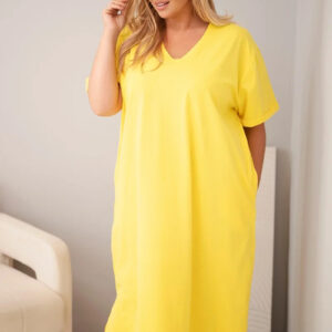 Sukienka damska Plus Size bawełniana z dekoltem w serek żółta