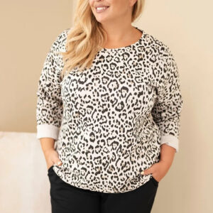 Bluzka damska Plus Size w panterkę z dłuższym tyłem beżowa