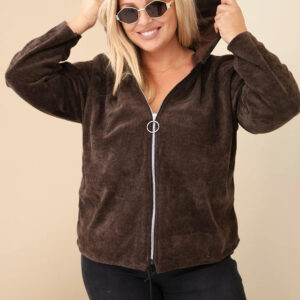 Bluza damska Plus Size sztruksowa z kapturem i zamkiem oversize brązowa