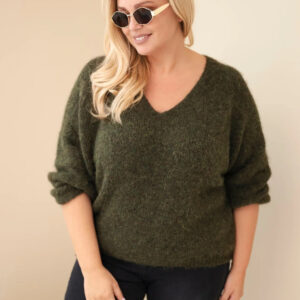 Sweter damski Plus Size z dekoltem V i szerokim rękawem