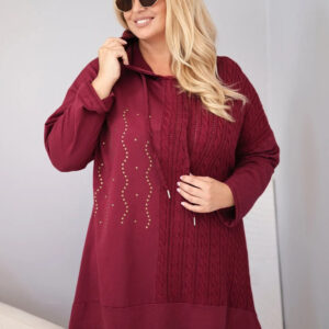 Bluza damska bawełniana Plus Size z kapturem i plecioną wstawką bordowa