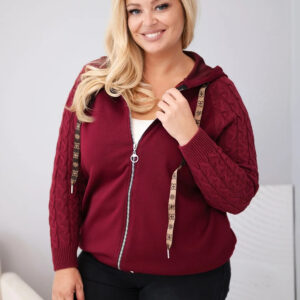 Bluza damska bawełniana Plus Size z dzianinowymi rękawami i kapturem bordowa