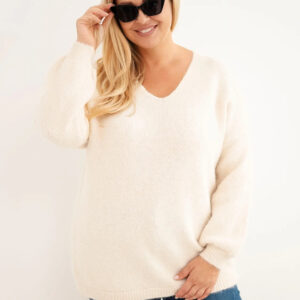Sweter damski Plus Size z wełną z dekoltem V