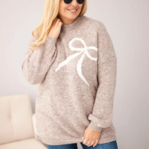 Sweter damski Plus Size z dodatkiem wełny z kokardą