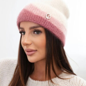 Czapka damska beanie prążkowana z ozdobą beżowa+ciemnoróżowa